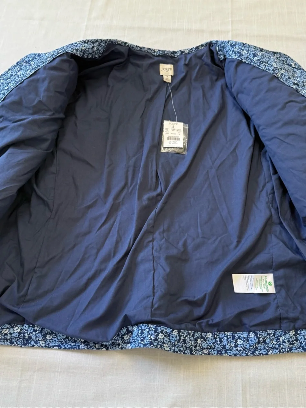 J Crew Blue Short quilted Floral Cotton Blend Jacket Size 14 NWT
